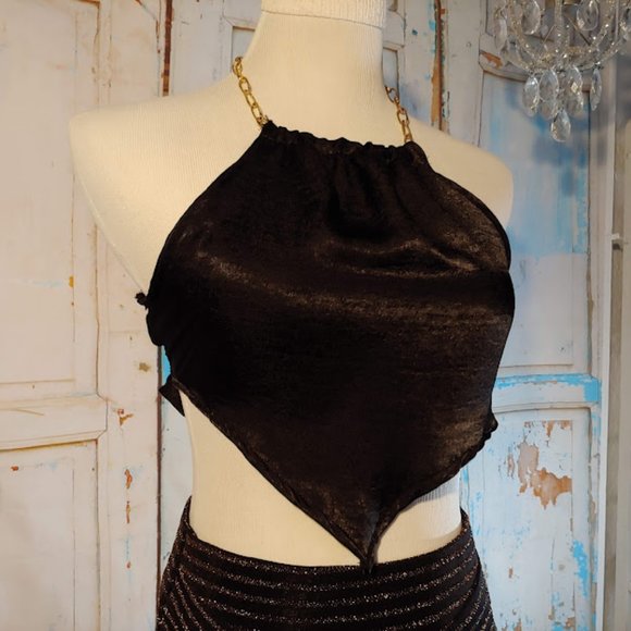 nwt Just Polly adjustable gold chain necklace halter top/size S/black - Picture 1 of 9